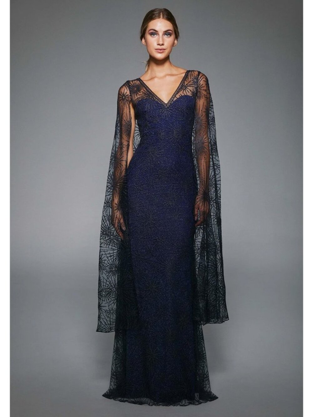 TADASHI SHOJI GOWN VOYAGER EMBROIDERED TULLE CAPE DRESS sz 8